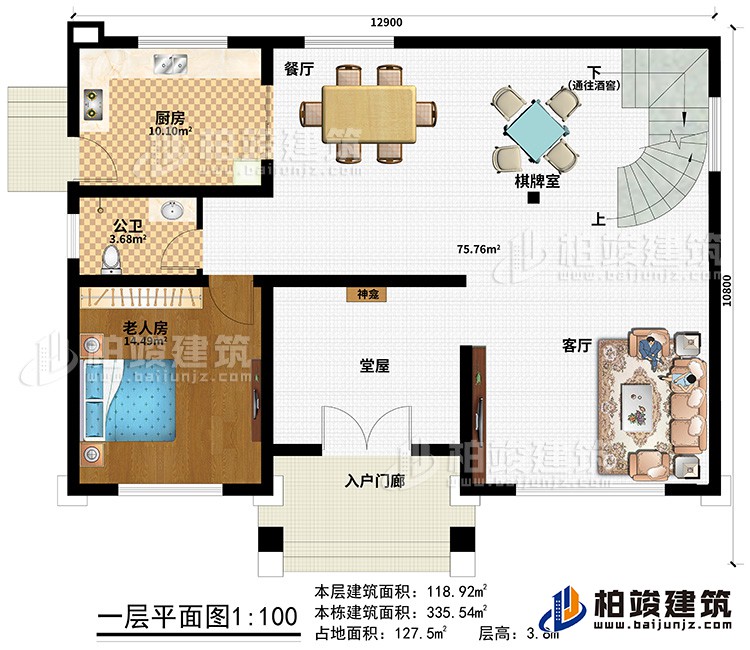 一层：入户门廊、堂屋、神龛、客厅、餐厅、棋牌室、厨房、公卫、老人房